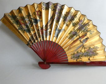 Vintage Asian paper fan - fan - large Japanese wall fan gold hand painted - wooden wall decoration wall decoration - Asia style