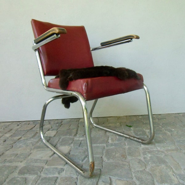 Vintage tubular steel Bauhaus armchair - Art Deco newly upholstered with spring core - cantilever chair - armchair mid century design classic lounge chair