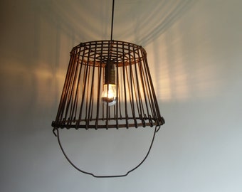 Upcycling LAMP wire basket - vintage metal basket - country style light kitchen lamp - hanging lamp - patio light - French basket