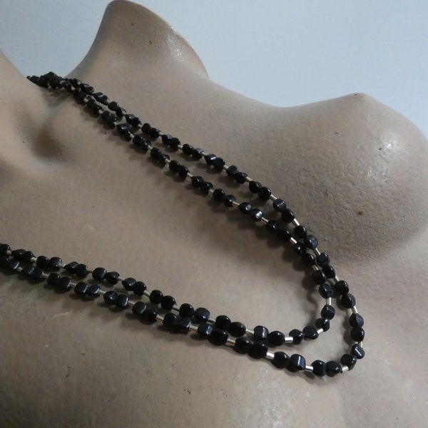 Vintage zweireihige Kette aus schwarzen Glasperlen - Art Deco Perlenkette - Glas Kette - Trauerschmuck - Trauer Kette