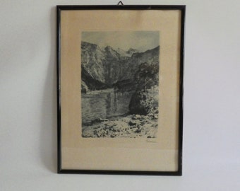 Vintage picture print lake & mountains from the 60s - picture framed - landscape nature - home decor - country house