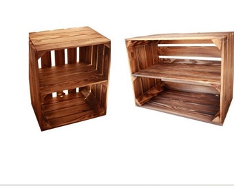 New flamed wooden boxes with intermediate floor 50 x 40 x 30 cm wine boxes fruit boxes apple boxes as shelves