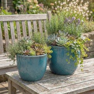 Op de afbeelding: Twee turquoise keramische plantenpotten gevuld met vetplanten en kruiden staan op een verweerde houten tafel. De potten hebben een glanzende afwerking en staan in een tuin met een houten bank op de achtergrond.