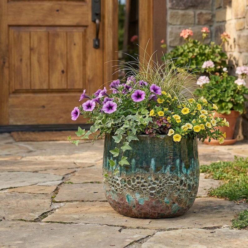 May include: A large, round ceramic planter filled with vibrant flowers. The planter has a teal and brown glazed finish with a textured pattern. Purple, yellow, and green plants spill over the edges, creating a colorful display. The planter sits on a stone patio.