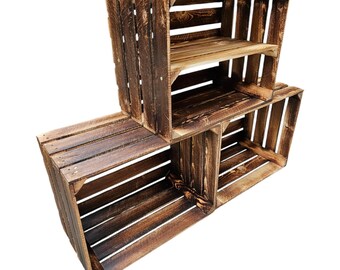 3 Cajas De Frutas De Madera Quemadas, 50x40x30 Cm, Con Estante Intermedio – Ideales Para Estanterías, Mesas O Decoración Rústica