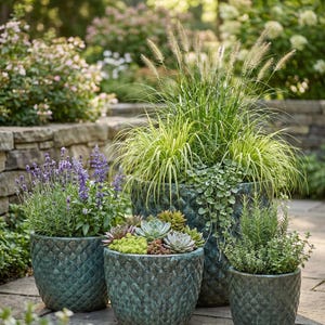 Peut inclure: Quatre jardinières en céramique turquoise texturées de différentes tailles, chacune remplie de plantes variées. Les plantes comprennent de la lavande, des succulentes et des graminées ornementales. Les jardinières sont disposées sur un patio en pierre.