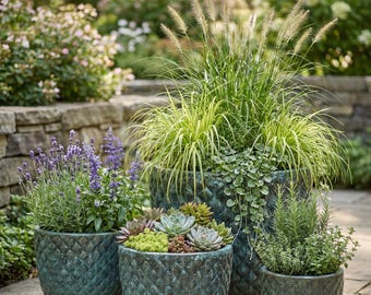 May include: Four textured teal ceramic planters of varying sizes, each filled with different plants. The plants include lavender, succulents, and ornamental grasses. The planters are arranged on a stone patio with a blurred garden background.