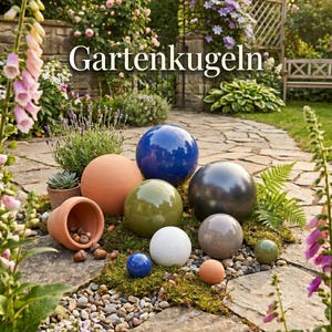 May include: A collection of decorative garden spheres in various sizes and colors, including blue, white, green, and brown. The spheres are arranged on a stone pathway with a terracotta pot and greenery, with the text "Gartenkugeln" in the background.