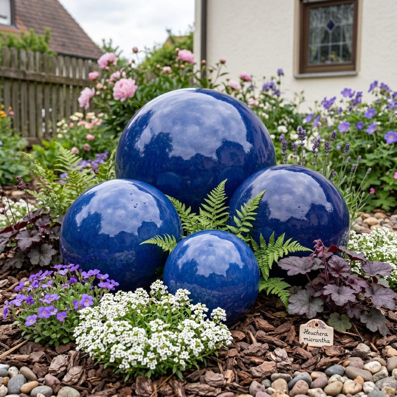 May include: Four glossy, deep blue ceramic spheres of varying sizes are arranged in a garden setting. Ferns and small white and purple flowers surround the spheres, with a backdrop of pink flowers and a wooden fence.