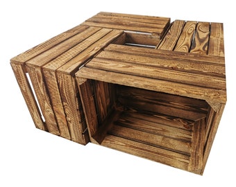 Wooden boxes, fruit boxes, wine boxes, flamed or natural, sets of 3 and sets of 4, 2nd choice from the old country