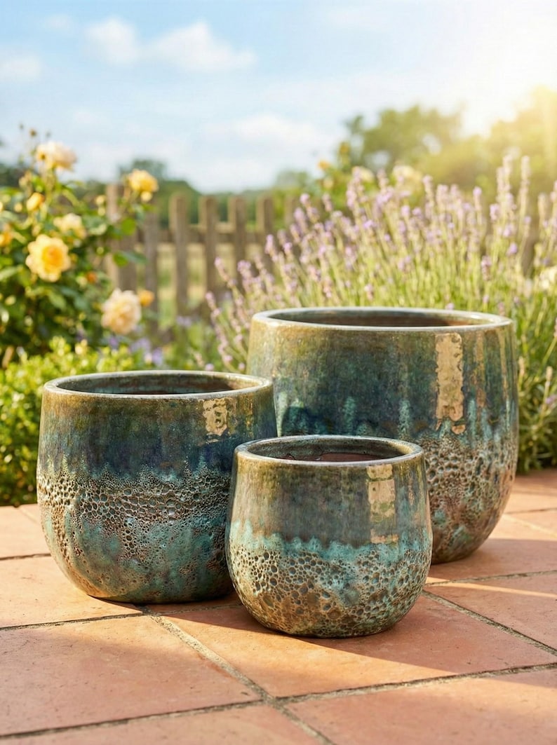 May include: Three glazed ceramic planters in varying sizes. The planters have a textured, mottled finish in shades of teal, blue, and brown. They are set on a brick patio with a garden background.