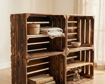 Set of flamed wooden crates 50x40x30 with and without shelf – fruit crates, shelf crates, wine crates for furniture making, DIY shelves, vintage decor & shops