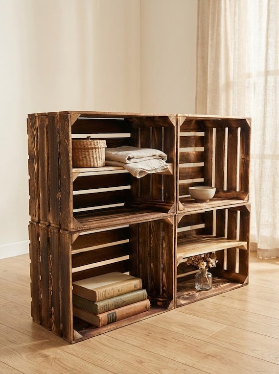 Holzkisten Set geflammt 50x40x30 mit und ohne Einlegeboden – Obstkisten Regalkisten Weinkisten für Möbelbau, DIY Regal, Vintage Deko & Laden