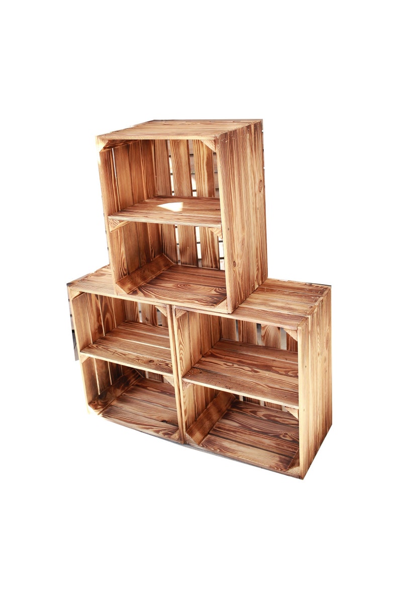 Wooden boxes, fruit boxes, wine boxes, apple boxes, flamed 50 x 40 x 30 cm, shelf SHORT image 3