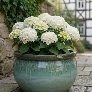 Bloempot van steengoedkeramiek, mosgroen, winterhard – Grote ronde bloempot, vorstbestendig voor tuin en buitengebruik – Handgemaakt met drainagegat