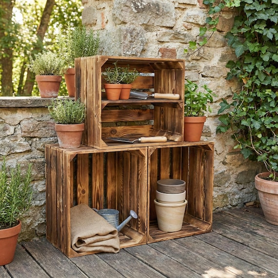 Geflammte Holzkiste 50x40x30 cm stabil | Nachhaltiges Regal für Schuhe, Ladenbau und Deko | Weinkisten Set für DIY Möbel & Aufbewahrung
