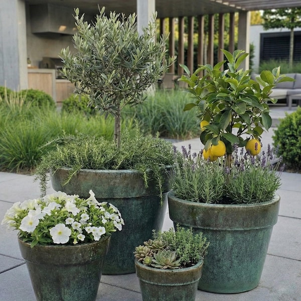 Teramico Premium glazed ceramic planter – 100% frost-resistant and handmade. "Madrid" flower pot with drainage hole for indoor/outdoor use. Color: Moss Green