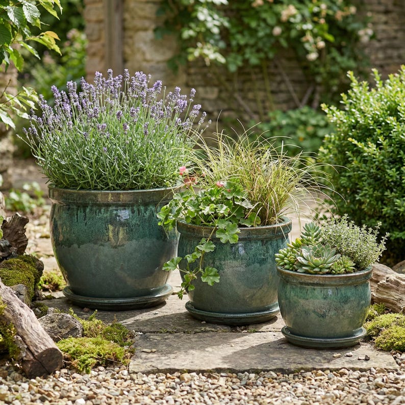 May include: Three glazed teal ceramic planters of varying sizes, each filled with different plants. The largest pot holds lavender, the middle one has ornamental grass and the smallest has succulents. All sit on matching saucers.
