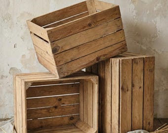 Cajas de fruta vintage originales, cajas de madera de 50 x 40 x 30 cm, limpias y resistentes para decoración, estanterías y almacenamiento. Caja de madera maciza antigua para manzanas.