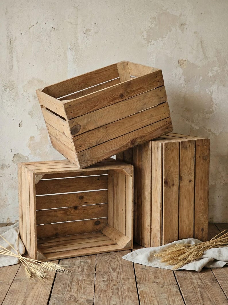 Caixas de frutas vintage originais, caixas de madeira 50x40x30cm - Limpas e resistentes para decoração, prateleiras e armazenamento - Caixa de maçãs de madeira maciça antiga 3er Set