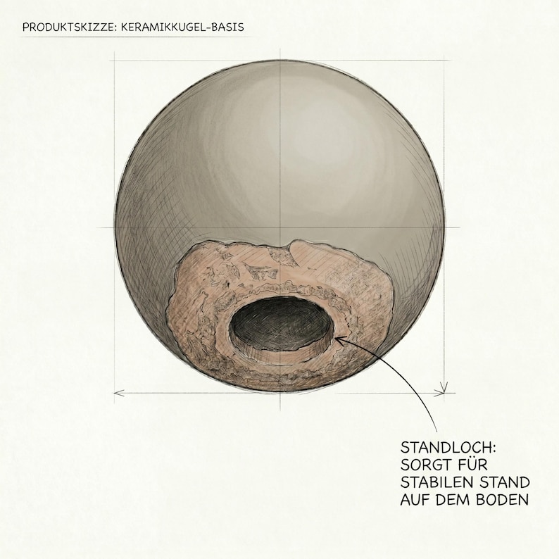 May include: A sketch of a ceramic sphere with a rough, textured base and a central hole. The sphere is a light gray color, and the base is a mix of brown and tan. Text at the top reads "PRODUKTSKIZZE: KERAMIKKUGEL-BASIS".