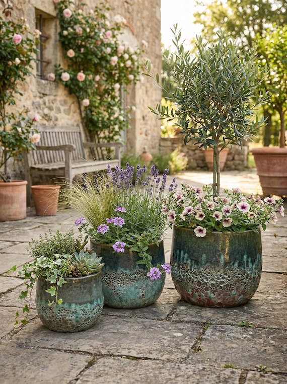 Teramico Premium Pflanzkübel Keramik – 100% Frostfest & Handarbeit. Blumenkübel "Brooklyn" mit Loch für Außen/Innen. Farbe: Moos Grün