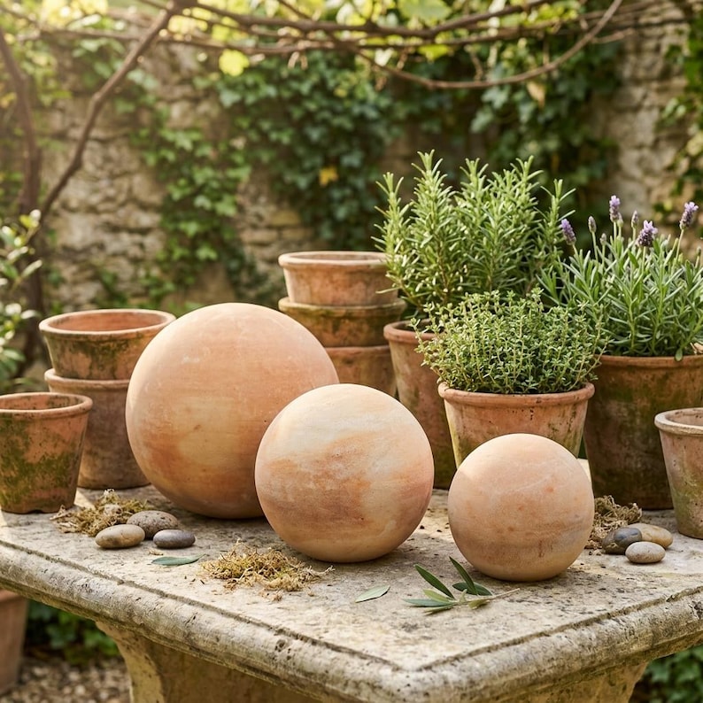 May include: A collection of terracotta garden spheres of varying sizes, displayed on a stone table. The spheres have a weathered, natural appearance. Surrounding the spheres are several terracotta pots with various herbs and plants, creating a rustic garden scene.