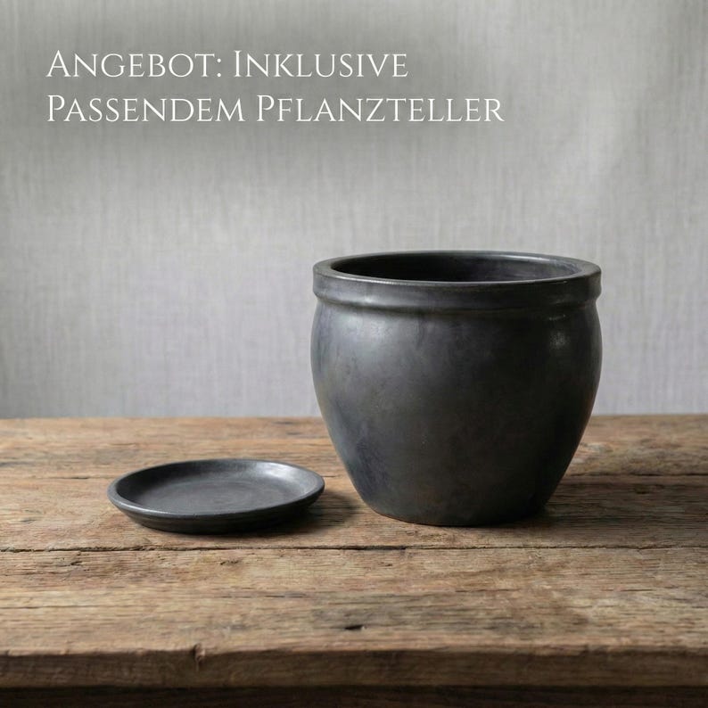 May include: A dark gray ceramic planter with a matching saucer sits on a weathered wooden surface. The planter is round with a slightly flared rim. The text at the top reads: "ANGEBOT: INKLUSIVE PASSENDEM PFLANZTELLER."