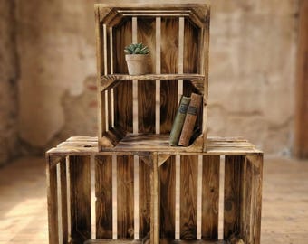 Flamed wooden crate 40x30x25 cm, FSC wood - vintage fruit crate, shelf & decorative box for gifts, shopfitting, DIY furniture - handmade, sturdy, solid wood