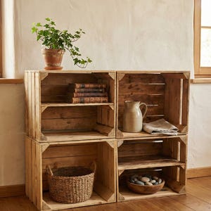 Cassette per la frutta in legno, set da 4, 50 x 40 x 30 cm, con ripiano, lunghe, vintage, finitura naturale
