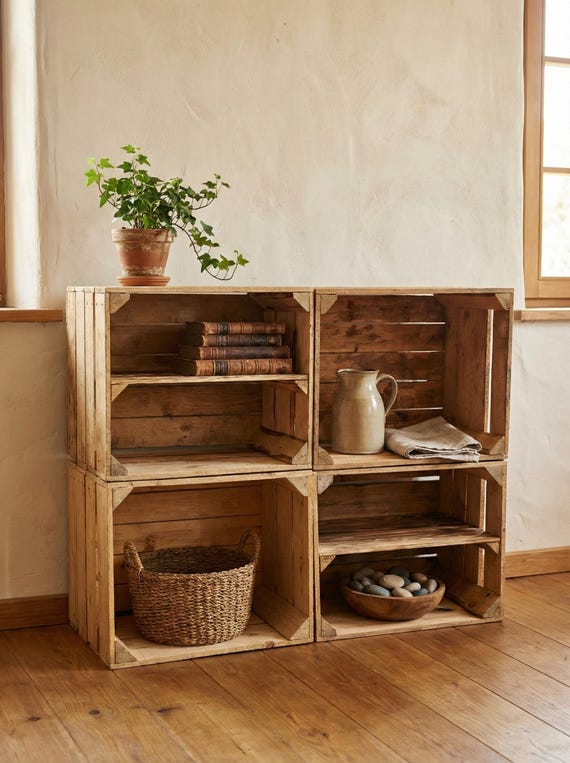 Holzkisten Obstkisten 4er Set 50 x 40 x 30cm mit Regal Lang Vintage Natur