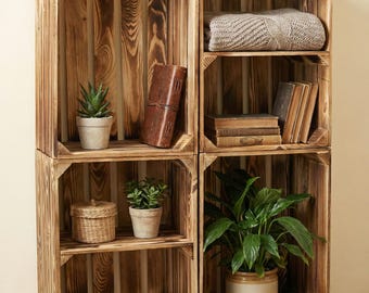 Flamed wooden crate 50x40x30cm with intermediate shelf, fruit crate, wine crate for furniture making & shelving system, FSC certified wood crate, sturdy decorative storage