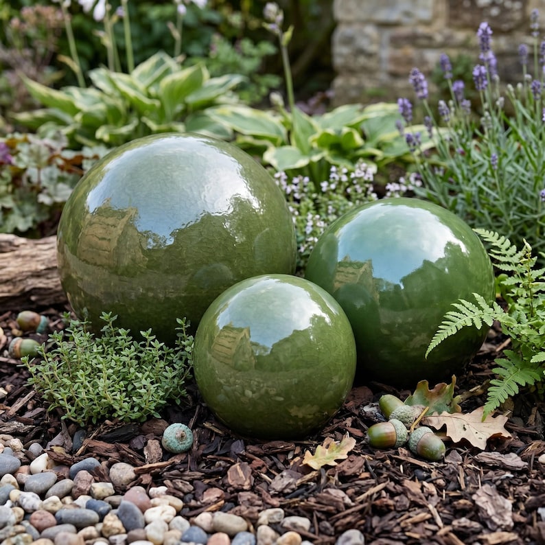 May include: Three glossy, olive-green ceramic spheres of varying sizes are arranged in a garden setting. The spheres reflect the surrounding foliage and sky. The spheres are set among mulch, small stones, and greenery, creating a decorative garden accent.
