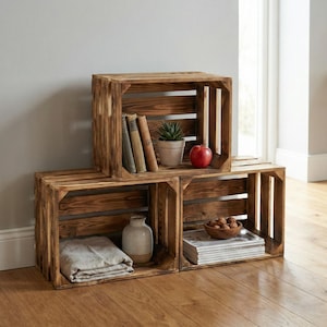 Cassetta in legno fiammato realizzata a mano (certificata FSC): scaffale vintage, decorazione e contenitore. Robusta cassetta per la frutta come confezione regalo o elemento d'arredo. Versatile.