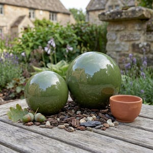 May include: Two glossy, green ceramic spheres of different sizes, a small terracotta pot, and a few acorns rest on a weathered wooden surface. The spheres reflect the surrounding garden setting, creating a serene outdoor decor scene.
