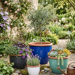 Può includere: Scena di giardino con varie piante in vaso. Un vaso blu smaltato contiene un albero di ulivo. Altri vasi contengono piante grasse, lavanda e piante fiorite. I vasi sono disposti su un patio in pietra.