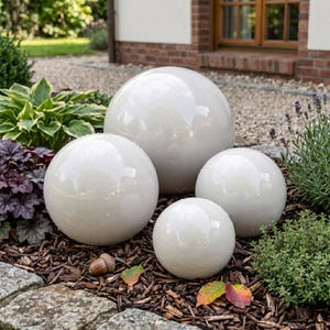 May include: Four white ceramic spheres of varying sizes are arranged on a bed of wood chips. The spheres have a glossy finish and reflect the surrounding greenery. The spheres are a decorative garden accent.