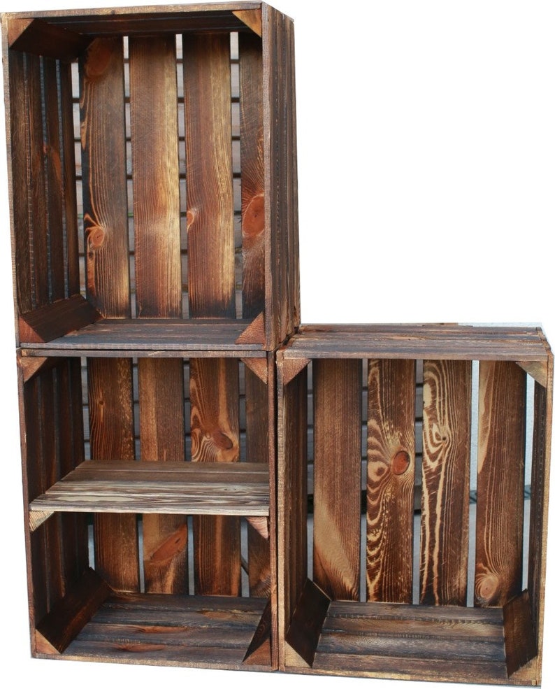 Caisses en bois massif flammé dans de superbes offres de set idéales pour la construction et le stockage de meubles aspect usé shabby chic très stables 3er Set / 1x Quer