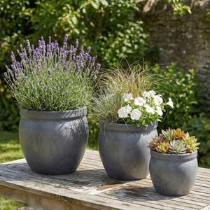 Könnte beinhalten: Drei graue, runde Pflanzgefäße unterschiedlicher Größe. Der größte Topf enthält Lavendel, der mittlere weiße Blüten und der kleinste Sukkulenten. Sie stehen auf einem verwitterten Holztisch im Freien.