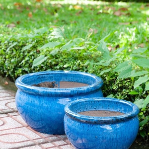 Vaso da fiori Teramico ciotola per piante in ceramica smaltata nei colori blu reale / verde oliva artigianato di alta qualità, assolutamente resistente al gelo immagine 9