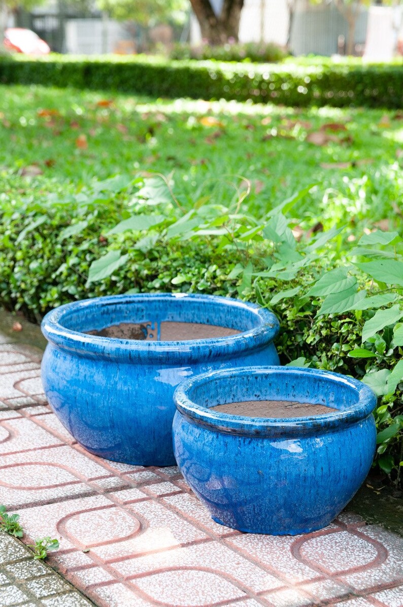 Vaso da fiori Teramico ciotola per piante in ceramica smaltata nei colori blu reale / verde oliva artigianato di alta qualità, assolutamente resistente al gelo immagine 9