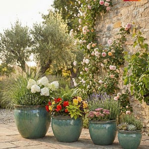 Könnte beinhalten: Eine Sammlung von vier teal-glasierten Keramik-Blumentöpfen unterschiedlicher Größe, die jeweils mit bunten Blumen und Grün gefüllt sind. Die Töpfe sind auf einer Steinterrasse angeordnet, mit einer Steinmauer und Kletterrosen im Hintergrund. Das Logo "TERAMICO" ist sichtbar.