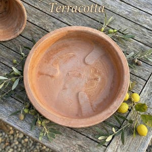 Könnte beinhalten: Ein Pflanzuntersetzer aus Terrakotta mit dem Text "Pflanzteller aus Terracotta" liegt auf einer verwitterten Holzoberfläche. Olivenzweige und Zitronen umgeben den Untersetzer, was ein rustikales, mediterranes Thema suggeriert.