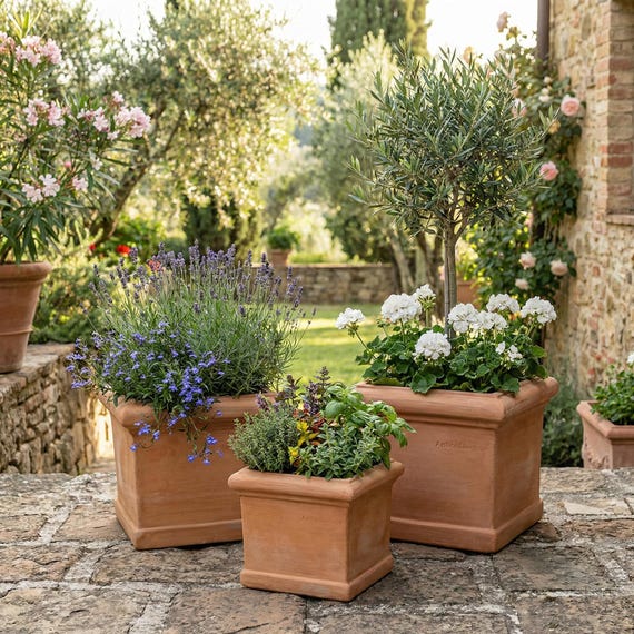 Terracotta Pflanzgefäß Quadratisch Frostfest | Blumentopf Außenbereich | Tongefäß Italien eckig | Cubo Liscio & Rosone