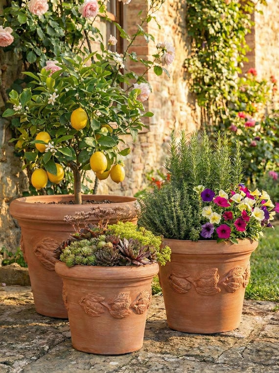 Terrakotta Topf mit Limonen - Handgefertigt & Frostfest. Italienisches Design Pflanzkübel für Garten. Hochwertiger Ton, verschiedene Größen