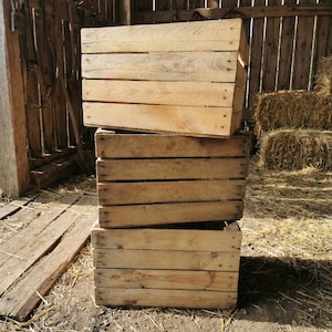 Second-hand fruit crates 50x40x30cm - Rustic wooden crates, B-grade, for garden & DIY - Old wine crates, sturdy but with defects - Vintage decorative shelf 3er Set