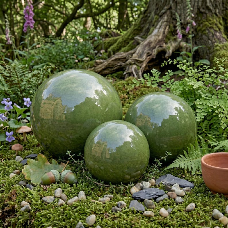 May include: Three glossy, green ceramic spheres of varying sizes are arranged on a bed of moss, surrounded by greenery and small stones. The spheres reflect the surrounding environment, creating a natural, garden-themed aesthetic.
