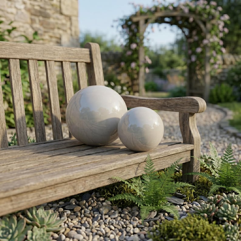 May include: Two glossy, light gray ceramic spheres of different sizes rest on a weathered wooden bench. The spheres have a smooth, reflective surface. The bench is outdoors, surrounded by greenery and a stone wall.