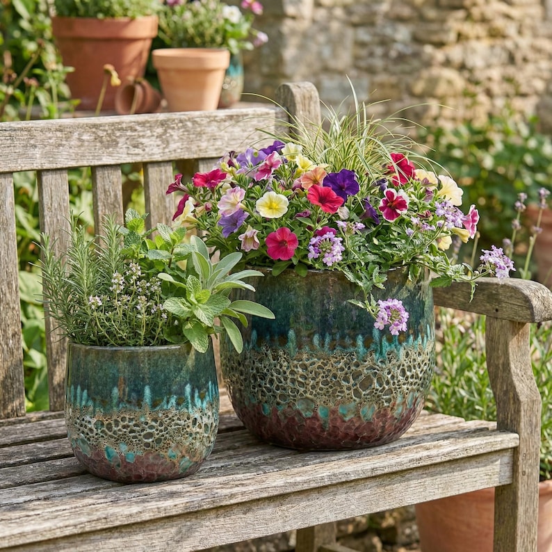 May include: Two ceramic planters with colorful flowers and herbs sit on a wooden bench. The planters have a textured, teal and brown glaze. One planter is filled with vibrant petunias, while the other contains herbs.