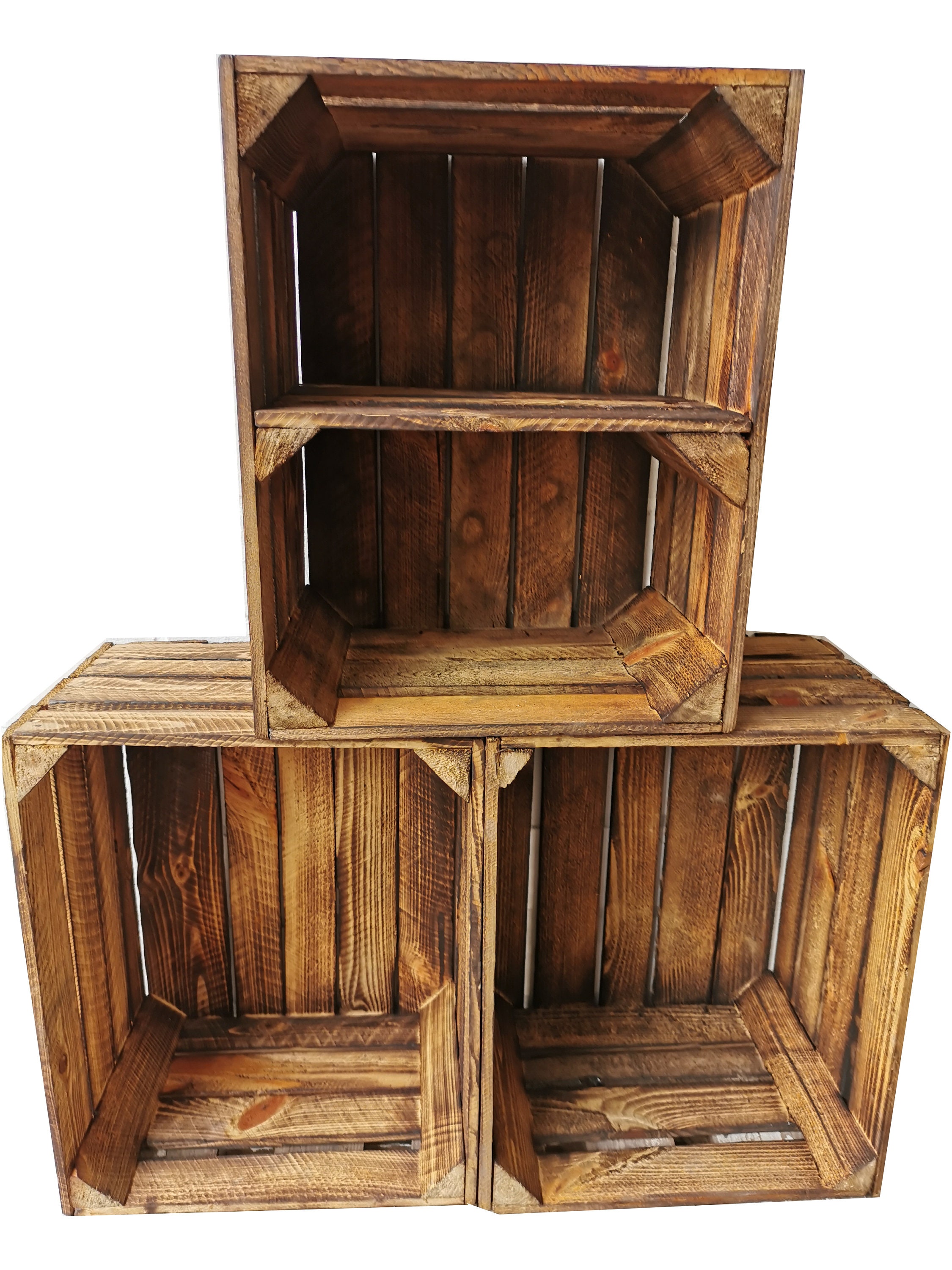 Cajas de madera flameadas en práctico juego de 3 unidades, 50 x 40 x 30 cm:  cajas de fruta originales y vintage, cajas de manzanas de la antigua